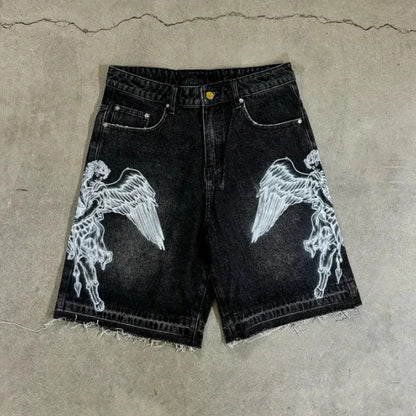 Retro loose-fit printed denim shorts with a casual vintage design