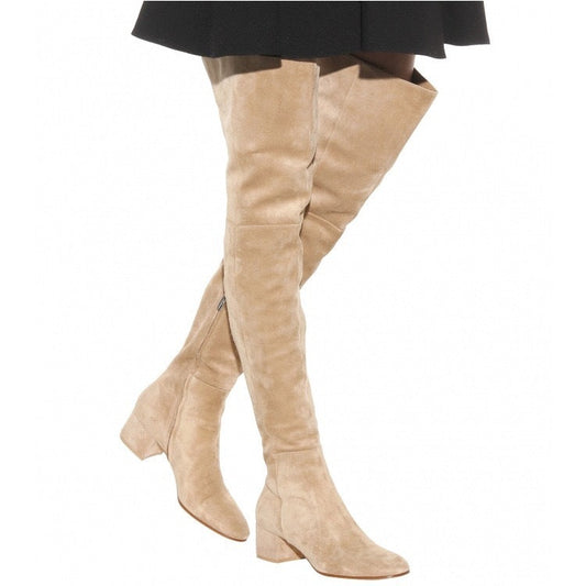Above-the-knee fashion boots with round toe, mid-height chunky heel, European and American style