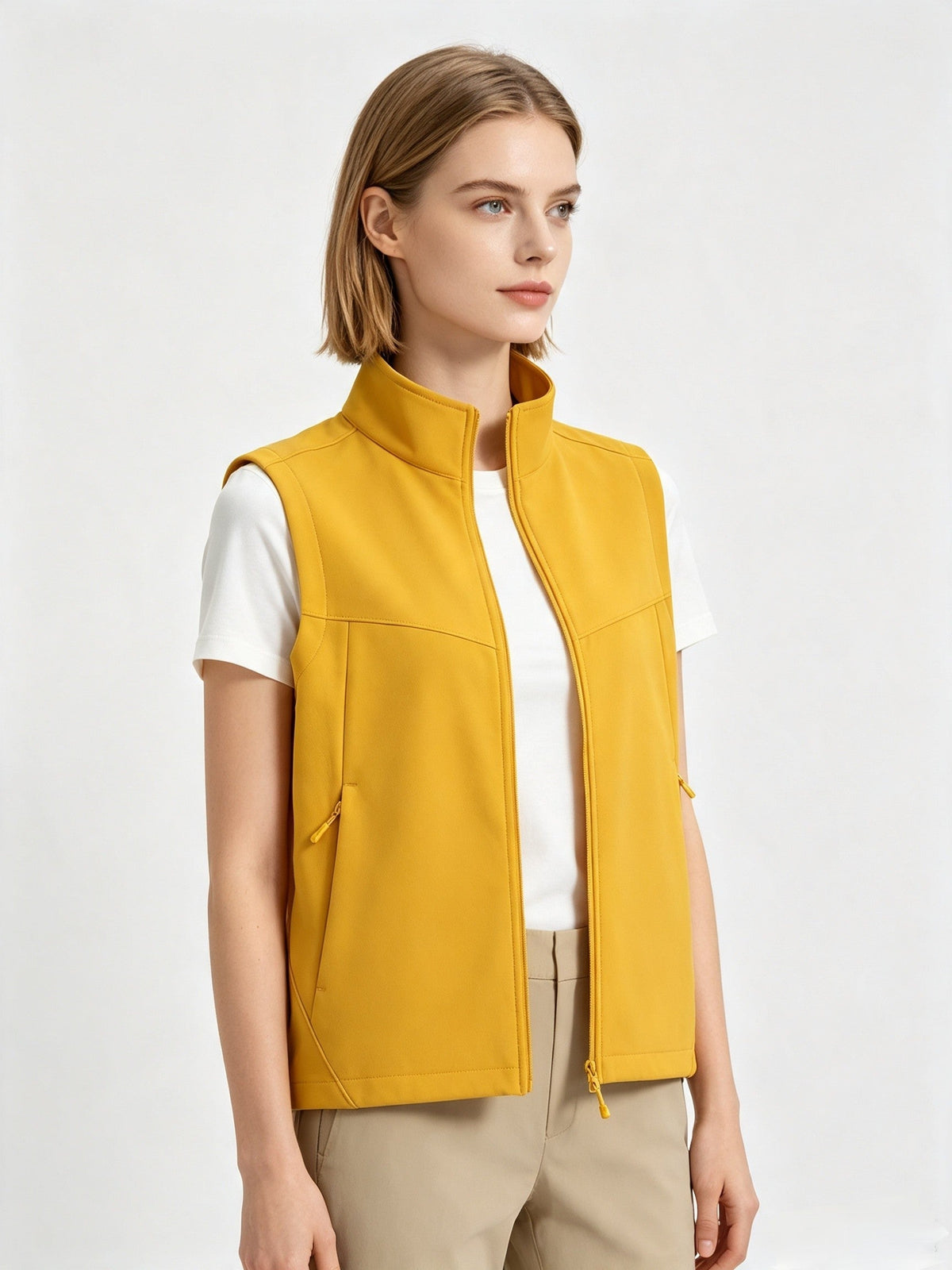 Men and women softshell vest with stand collar, zip front, sleeveless design, and fleece lining for outdoor wear