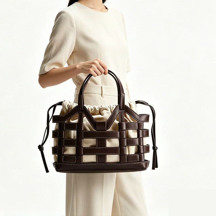 Creative hollowed-out niche large-capacity drawstring patchwork tote bag with spacious interior and textured design