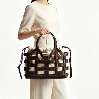 Creative hollowed-out niche large-capacity drawstring patchwork tote bag with spacious interior and textured design