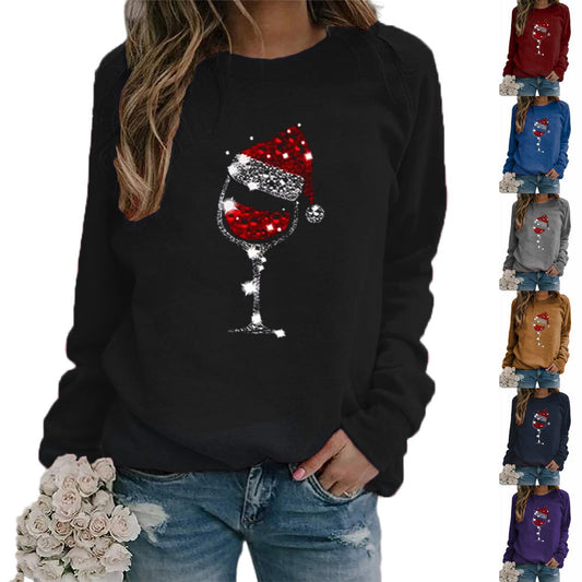Women's Christmas sweater with red wine glass graphic, Christmas hat print, crew neck and long sleeves