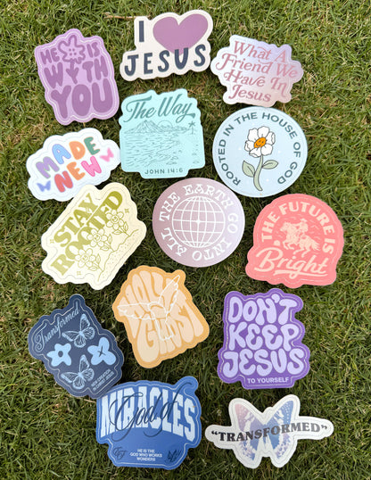 Collection of 50 colorful random stickers from Elevated Faith featuring inspiring designs and uplifting messages.