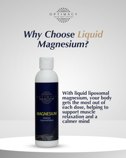 Liposomal magnesium supplement bottle from OPTIMICY with label showing product details and dosage, set on a white background.