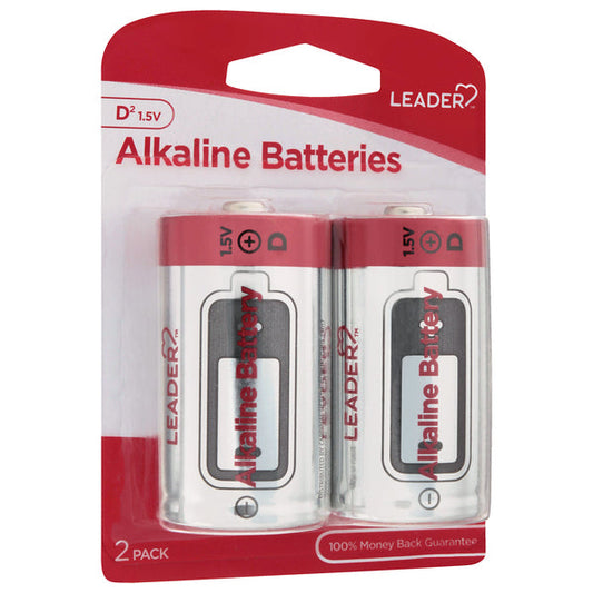 Pasteur Pharmacy Leader Alkaline D Batteries, 2-pack, showing cylindrical batteries with positive terminals and brand markings