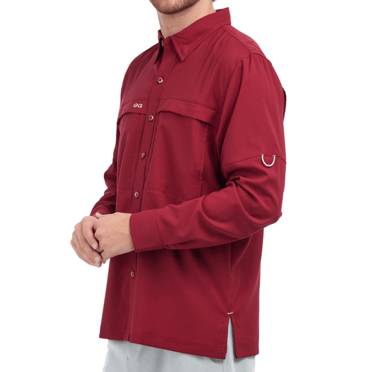 Oxblood GameGuard Scout Shirt with long sleeves, button-up front, and chest pockets in a rugged outdoor style.