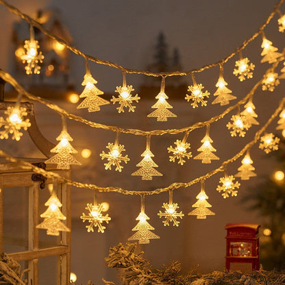 LED elk Christmas tree snowflake star light string displayed as festive holiday decor