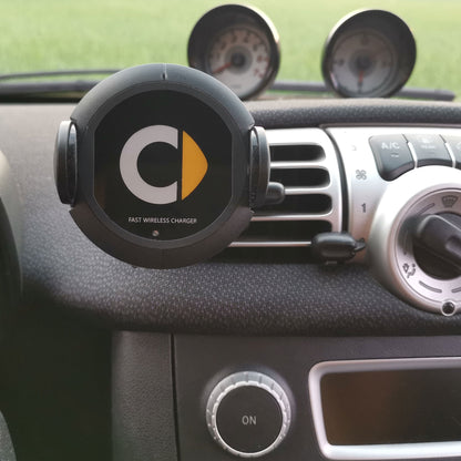 Car wireless charger mounted on a dashboard for convenient smartphone charging