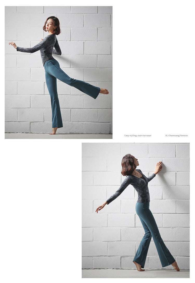 Yoga trumpet pants in a flared design, shown from the front