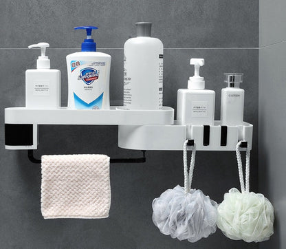 Multifunctional bathroom shelf with open storage compartments, white finish, and wall-mounted design