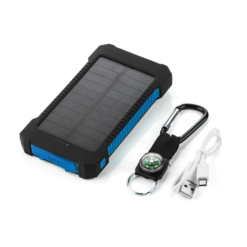 Outdoor solar power bank battery compatible with Apple iPhone charging, featuring a rugged portable design