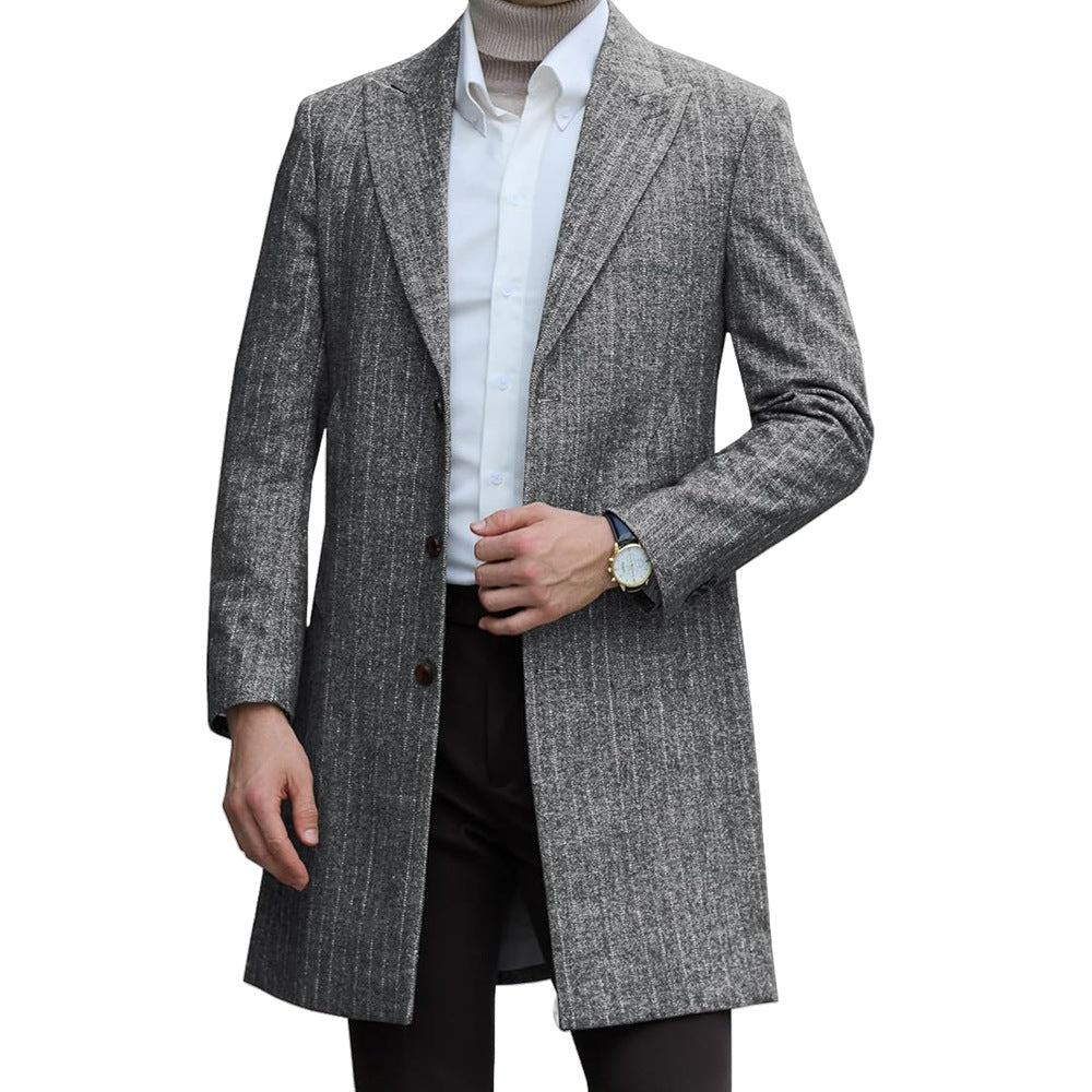 Men's single-breasted mid-length wool coat in a classic tailored style; brand not visible