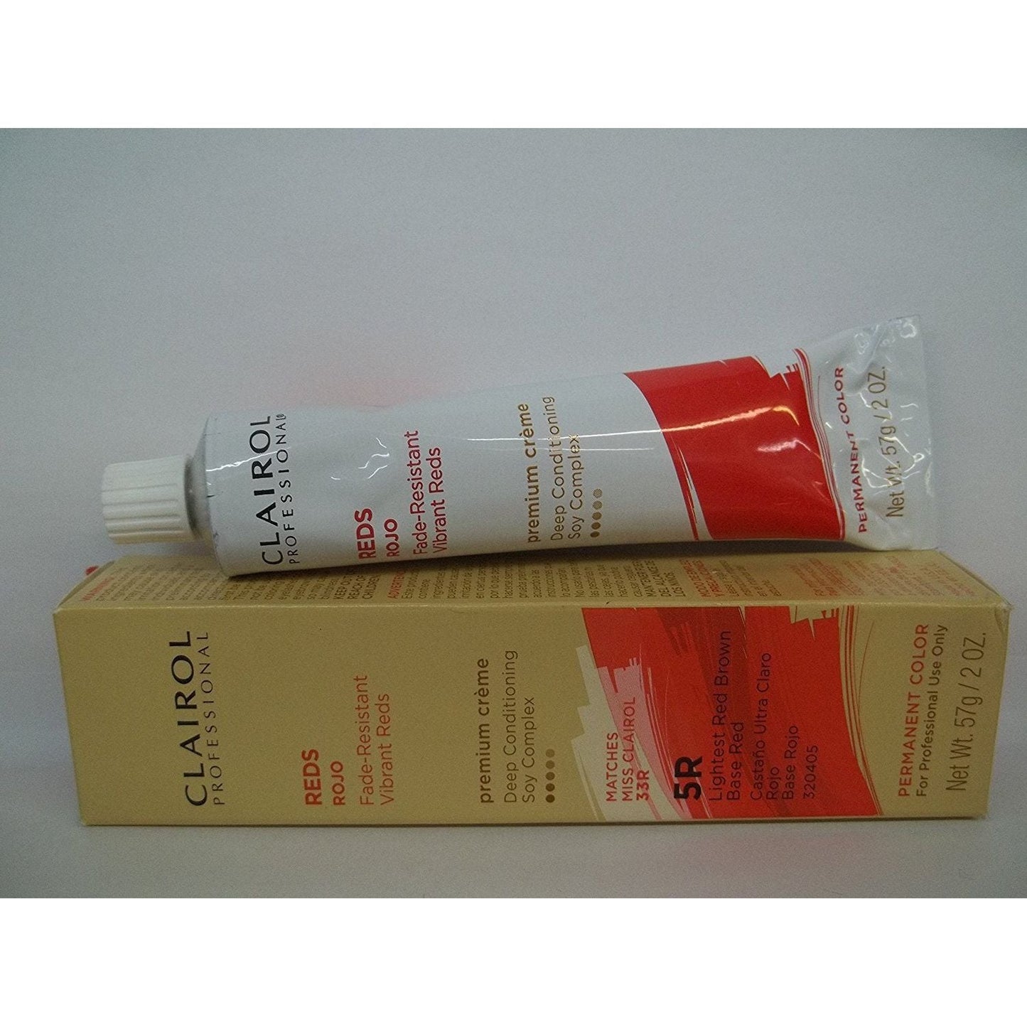 Clairol Professional 5R Lightest Red Brown hair color box with product details and branding visible.