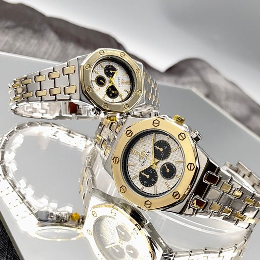 Men's and women's matching steel belt quartz couple's watches with calendar and waterproof design