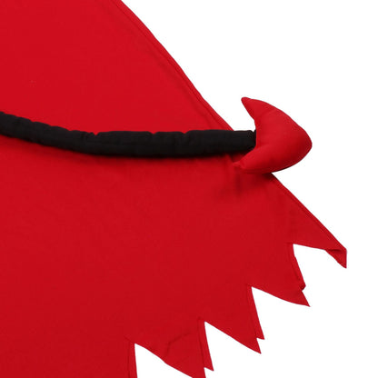 Halloween demon cosplay costume with red and black details, full-length outfit displayed on model
