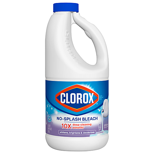 Lavender scented Splash-Less bleach by Pasteur Pharmacy in a 40 fl oz bottle, designed for effective cleaning and brightening.
