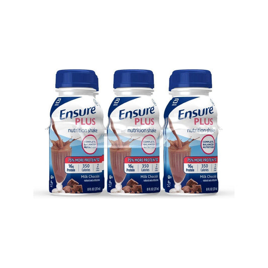 Six bottles of Ensure Plus Milk Chocolate Nutrition Shake, 8 oz each, from Pasteur Pharmacy, displayed in a row.