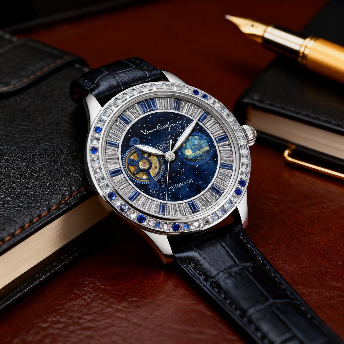 VanGogh Men's Geneva Series art automatic mechanical watch with detailed dial and classic wristwatch design