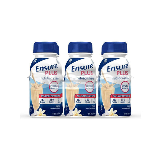 Vanilla Ensure Plus Nutrition Shake in ready-to-drink bottles, 6-pack of 8 fl oz bottles from Pasteur Pharmacy.