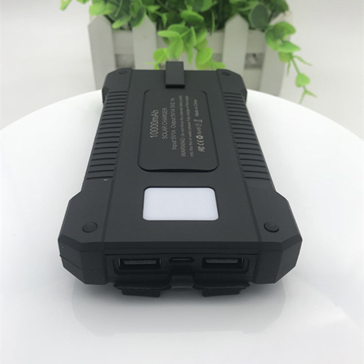 Apple-compatible outdoor solar power bank battery for iPhone charging, black portable charger with solar panel