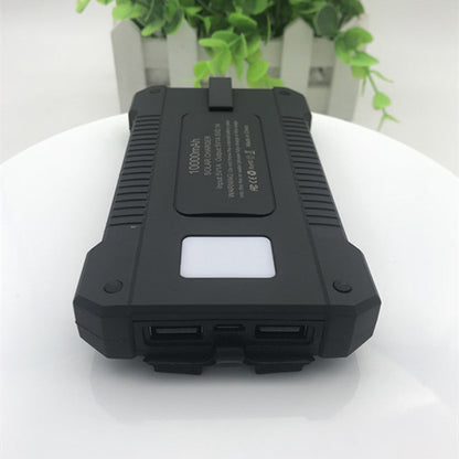 Apple-compatible outdoor solar power bank battery for iPhone charging, black portable charger with solar panel