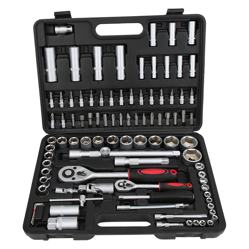 94-piece auto repair socket set with assorted sockets and hand tools in a storage case