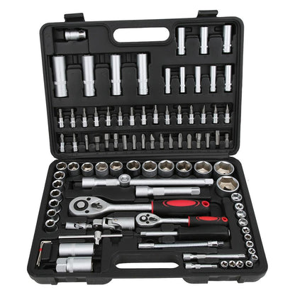 94-piece auto repair socket set with assorted sockets and hand tools in a storage case
