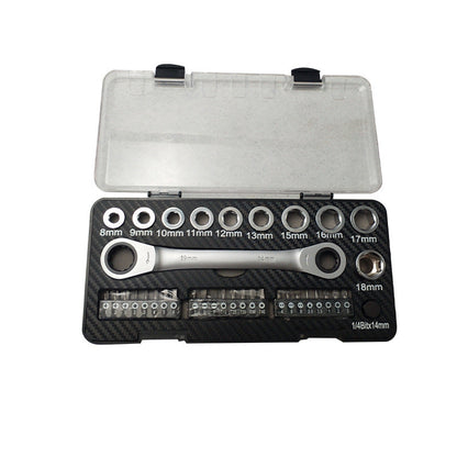 Multi-function two-way ratchet wrench and sleeve screwdriver set with assorted tools