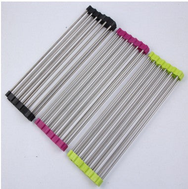 Folding stainless steel kitchen sink drain rack displayed over a sink