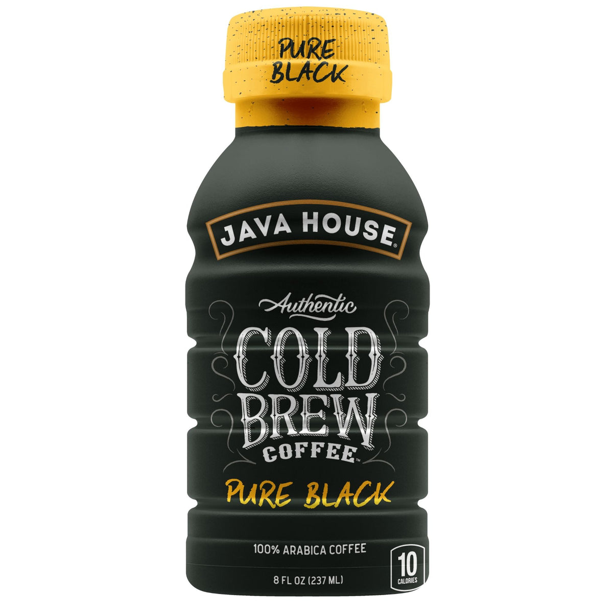 24-pack of Java House Cold Brew Coffee in 8oz pure black bottles, showing the sleek black packaging and bottle design.