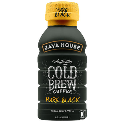 24-pack of Java House Cold Brew Coffee in 8oz pure black bottles, showing the sleek black packaging and bottle design.