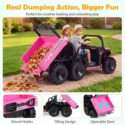 Kids riding a 24V 2-seater GBruno Store ride-on dump truck with electric dump bed and lights in a backyard.