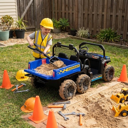 Kids riding a 24V GBruno Store ride-on dump truck with electric dump bed, featuring two seats for children to play outdoors.