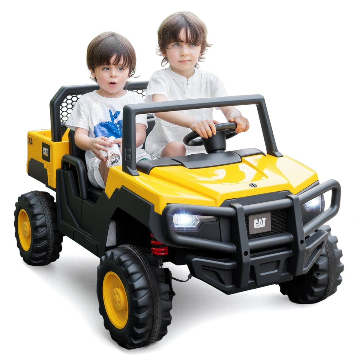 Yellow 24V ride-on dump truck toy for kids, two-seater with remote control from GBruno Store.
