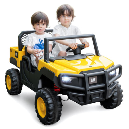 Yellow 24V ride-on dump truck toy for kids, two-seater with remote control from GBruno Store.