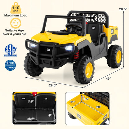 Yellow 24V ride-on dump truck toy with two seats and remote control by GBruno Store, suitable for children outdoor play.