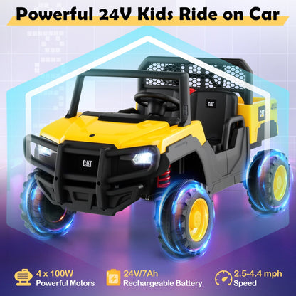 Yellow 24V ride-on dump truck for kids with two seats and remote control, designed for outdoor play and fun.