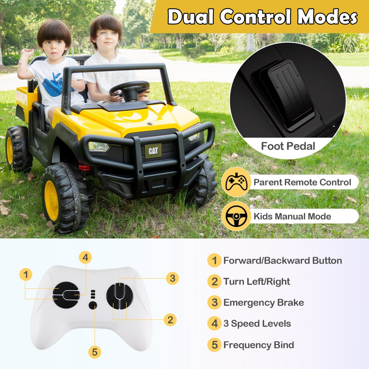 Yellow 24V ride-on dump truck toy for kids with two seats and remote control from GBruno Store.