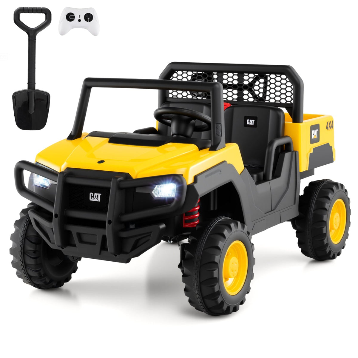Yellow 24V ride-on dump truck toy with two seats and remote control, designed for kids, featuring colorful construction vehicle details.