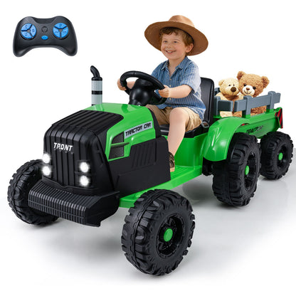 Kids' 24V electric ride-on tractor by GBruno Store with detachable trailer and remote control, suitable for outdoor play.