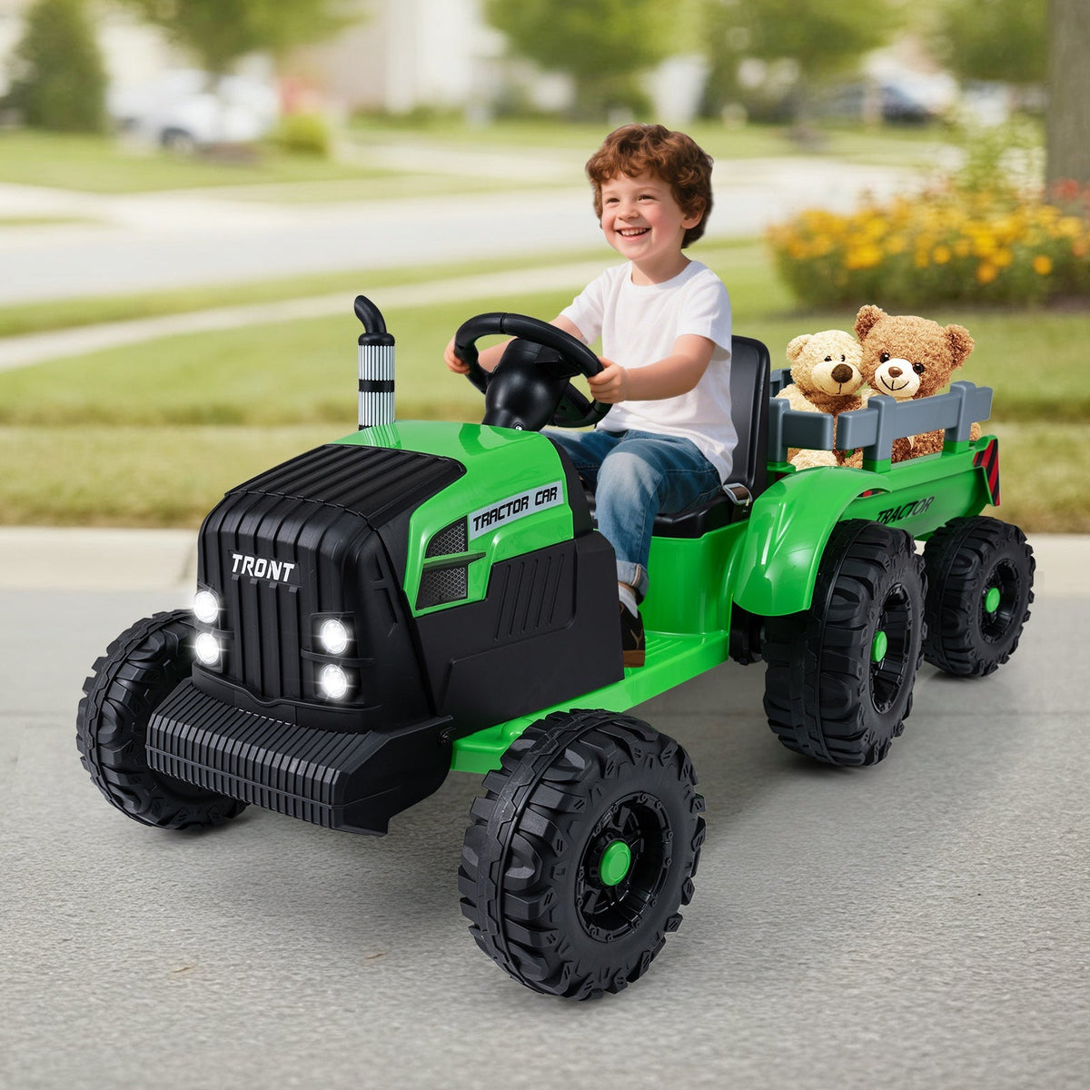 Kids riding a 24V electric ride-on tractor with a detachable trailer and remote control by GBruno Store.
