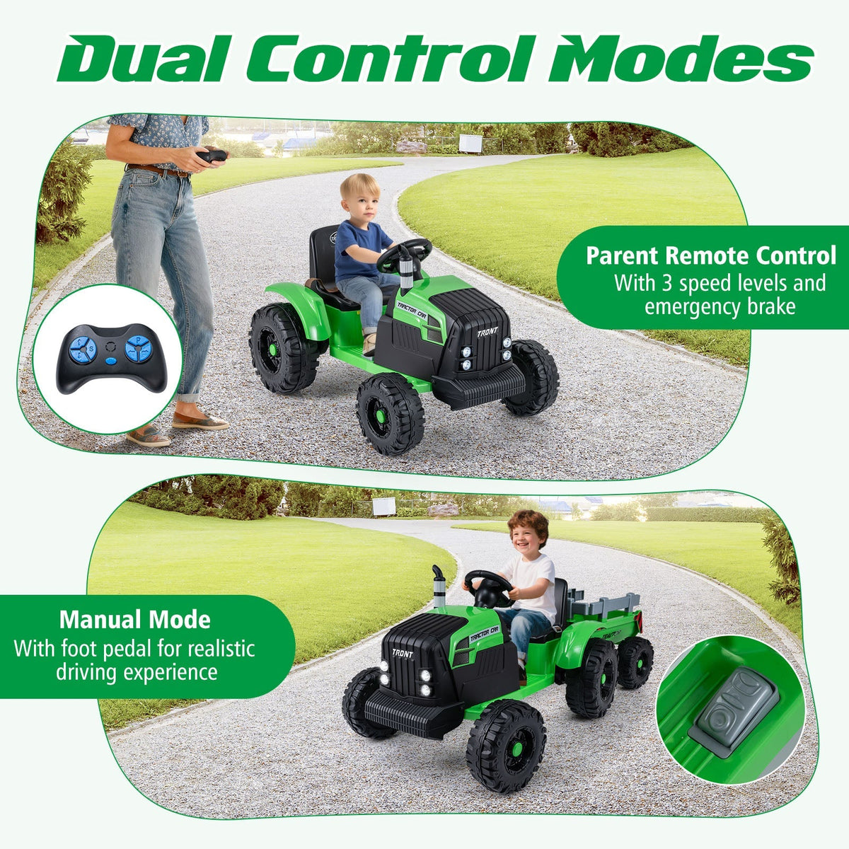 Children's 24V electric ride-on tractor by GBruno Store with detachable trailer and remote control, featuring realistic design and controls.