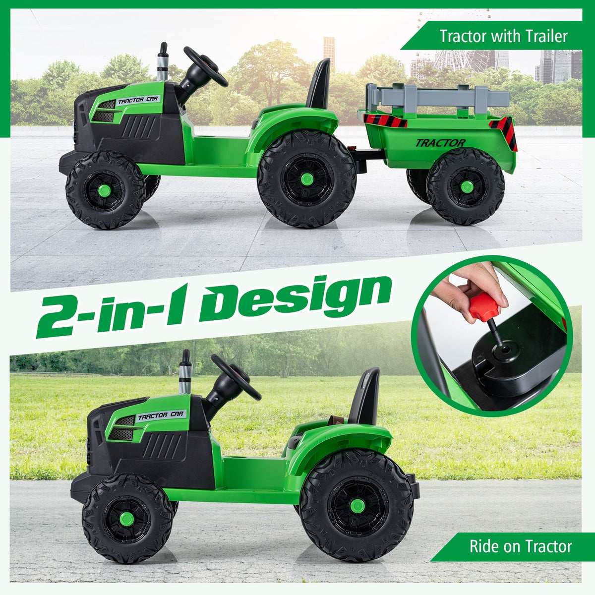 Kids riding a 24V electric ride-on tractor by GBruno Store with a detachable trailer and remote control for easy operation.