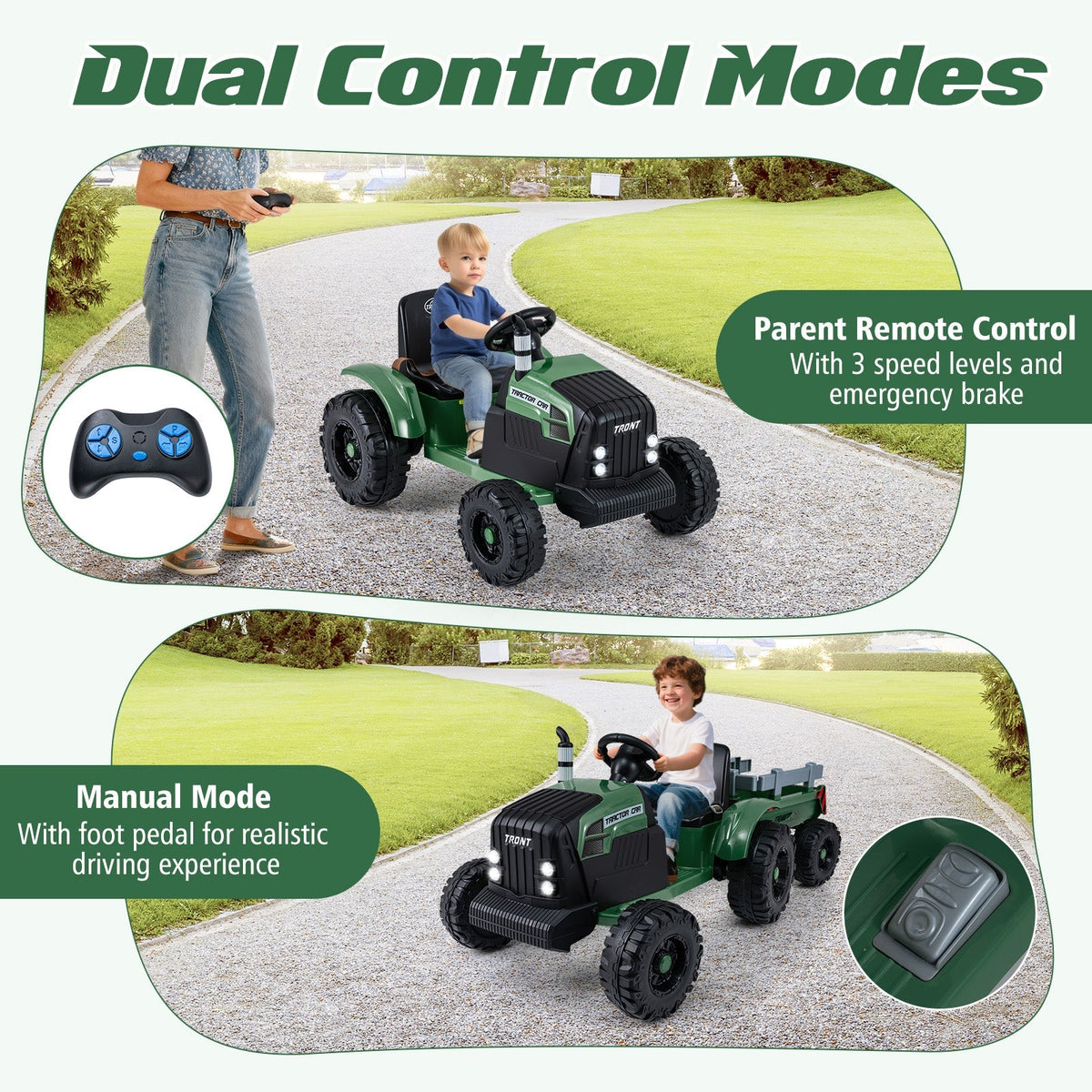 Kids' 24V ride-on tractor by GBruno Store with detachable trailer and remote control for outdoor play.