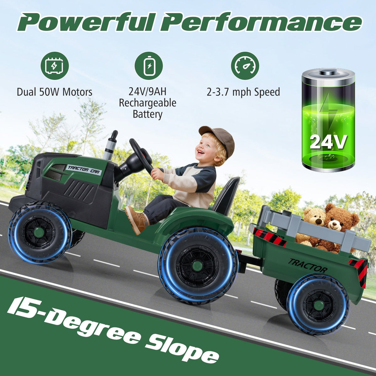 Kids riding a 24V electric ride-on tractor with a detachable trailer and remote control, ideal for outdoor play.
