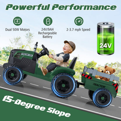 Kids riding a 24V electric ride-on tractor with a detachable trailer and remote control, ideal for outdoor play.