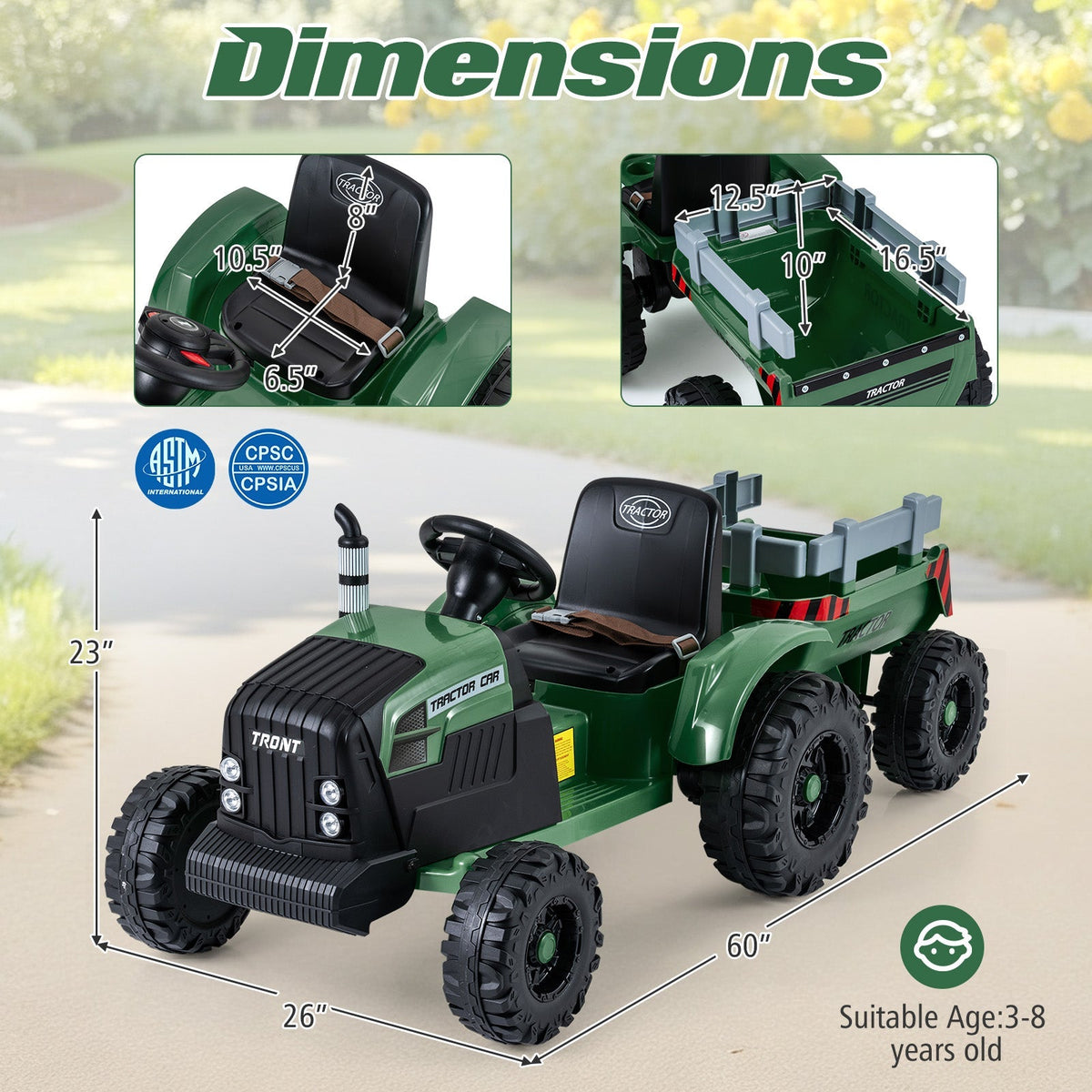 Kids riding a 24V electric ride-on tractor with a detachable trailer and remote control, designed for children’s outdoor play.