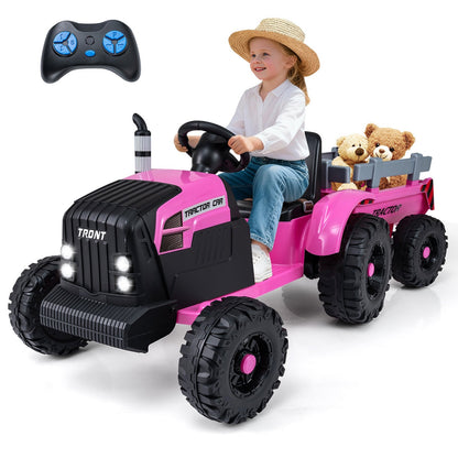Kids riding a 24V electric ride-on tractor by GBruno Store with a detachable trailer and remote control in a backyard setting.