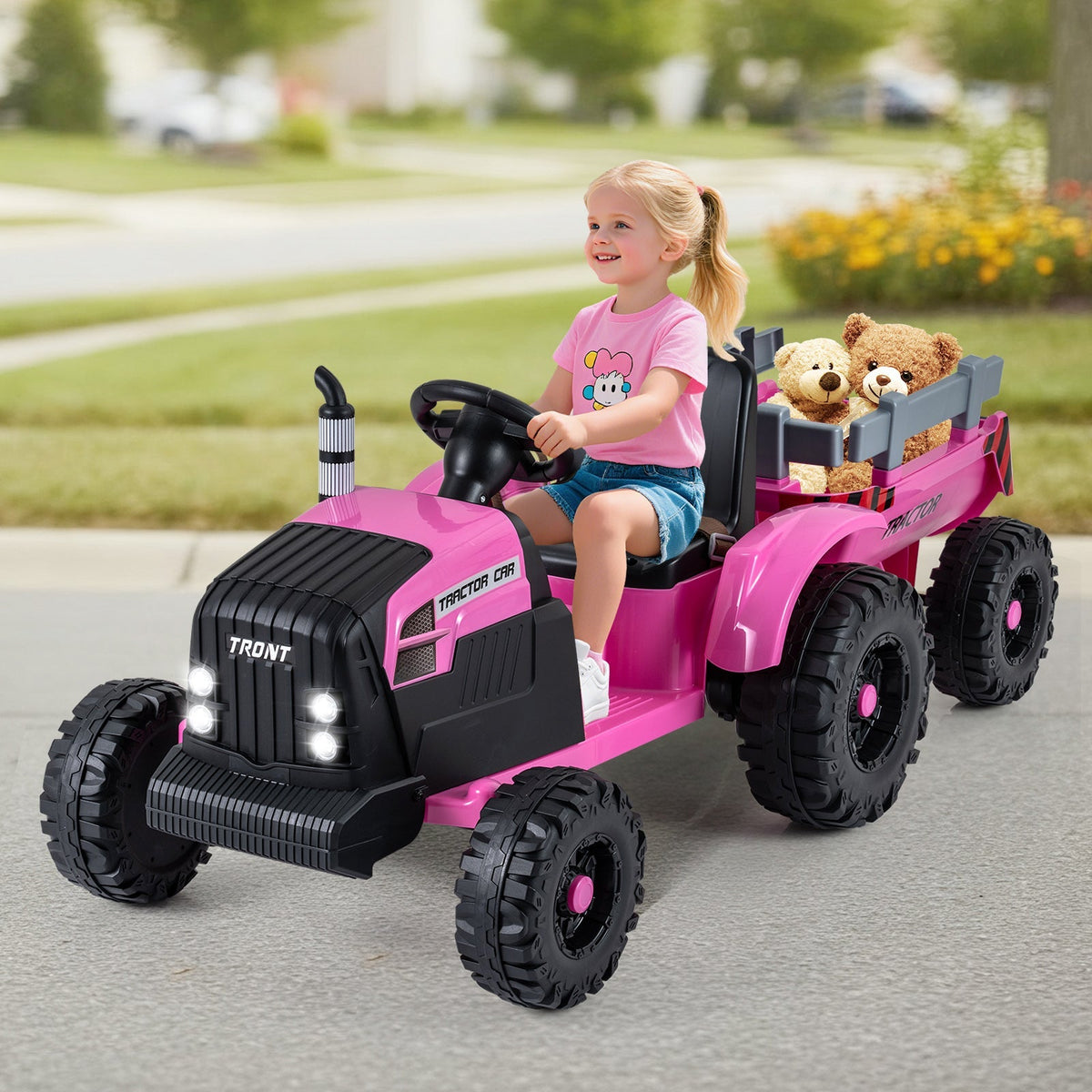 Kids' 24V electric ride-on tractor from GBruno Store with detachable trailer and remote control for easy operation.