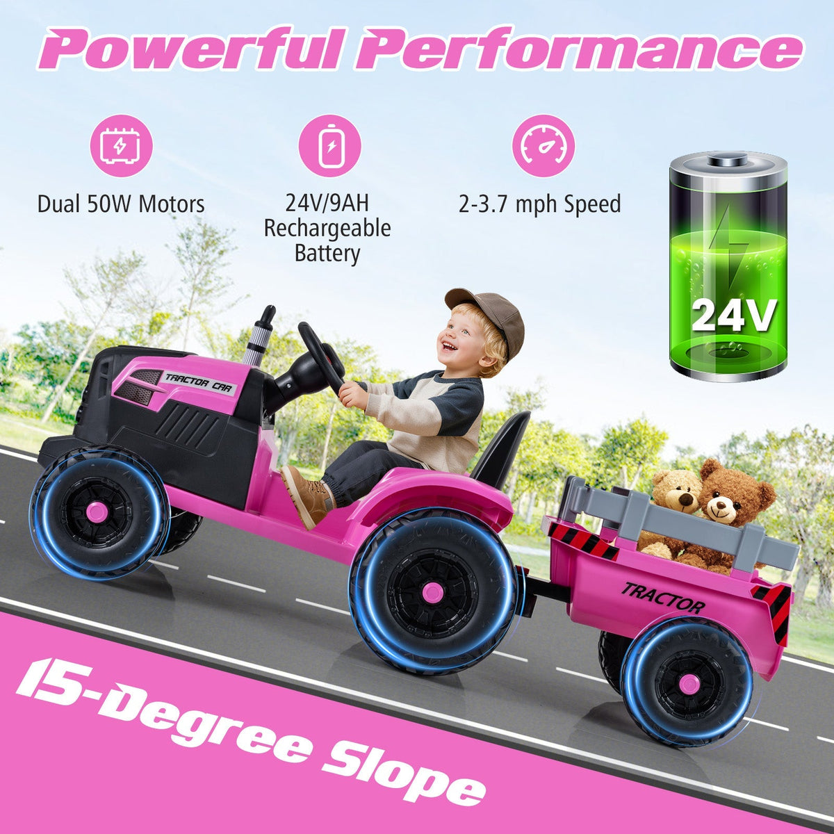 Kids riding a 24V electric ride-on tractor with a detachable trailer and remote control, designed for outdoor play and fun.